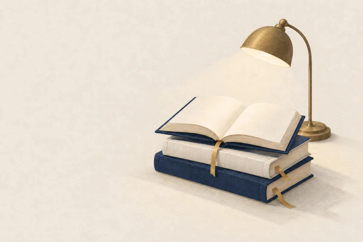 Illustration: a stack of navy and ivory books, the top one open, under a brass reading lamp