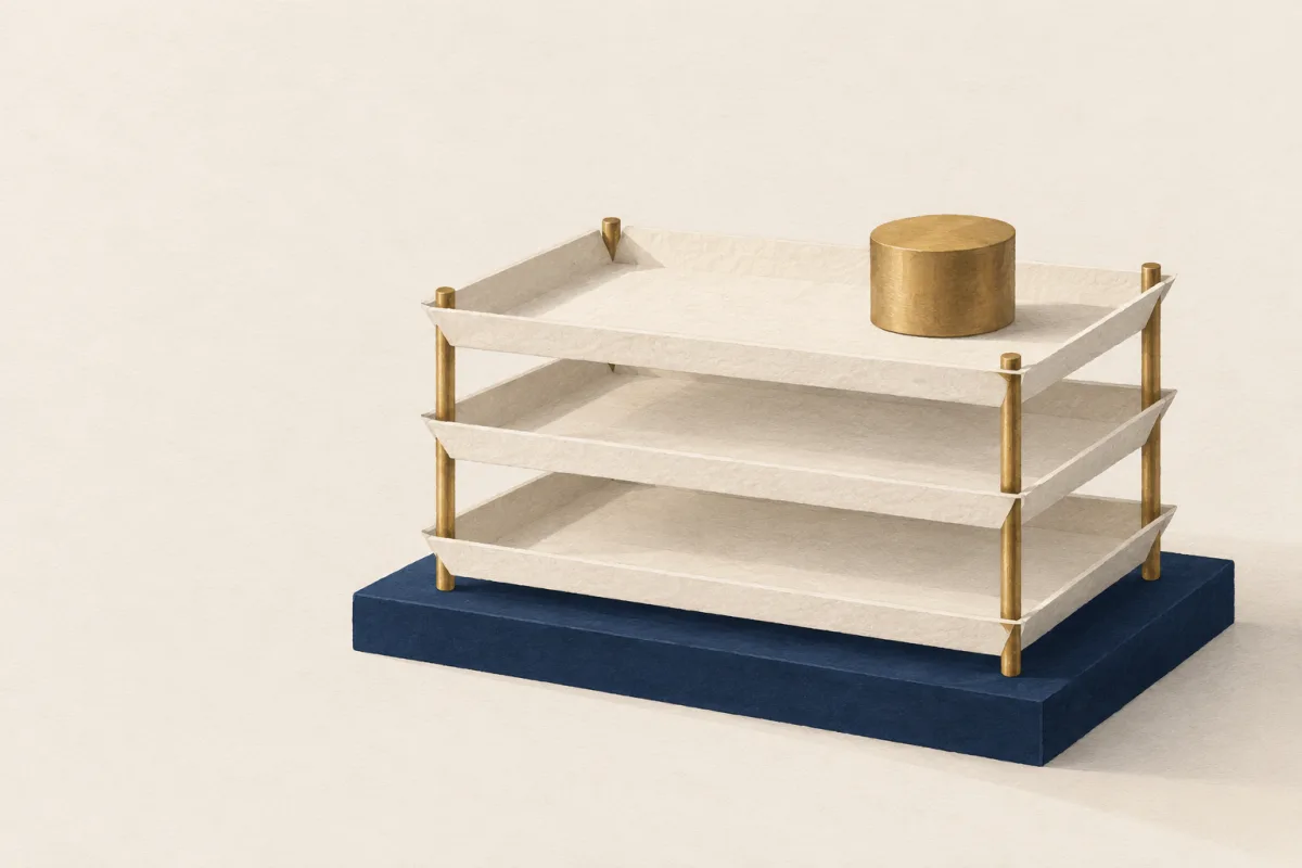 Illustration: three ivory trays joined by brass rods on a navy base, with a brass weight on top