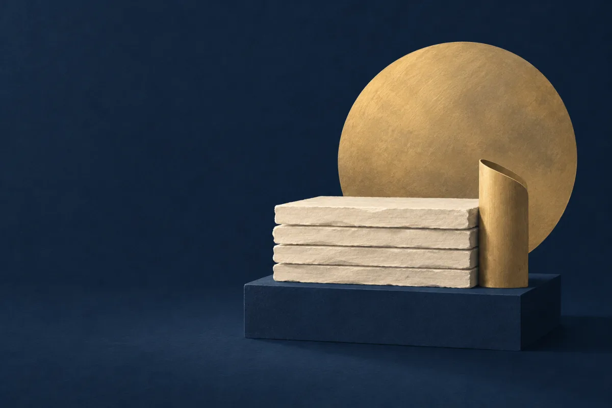 Illustration: a stack of ivory paper slabs and a curved brass sheet on a navy plinth before a brass disc