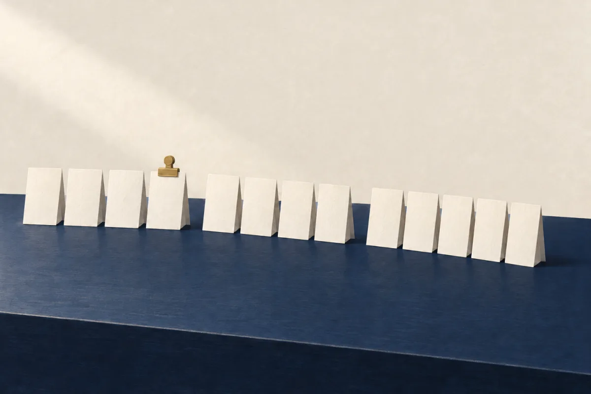 Illustration: thirteen blank ivory cards standing in a row on a navy desk, one with a brass clip