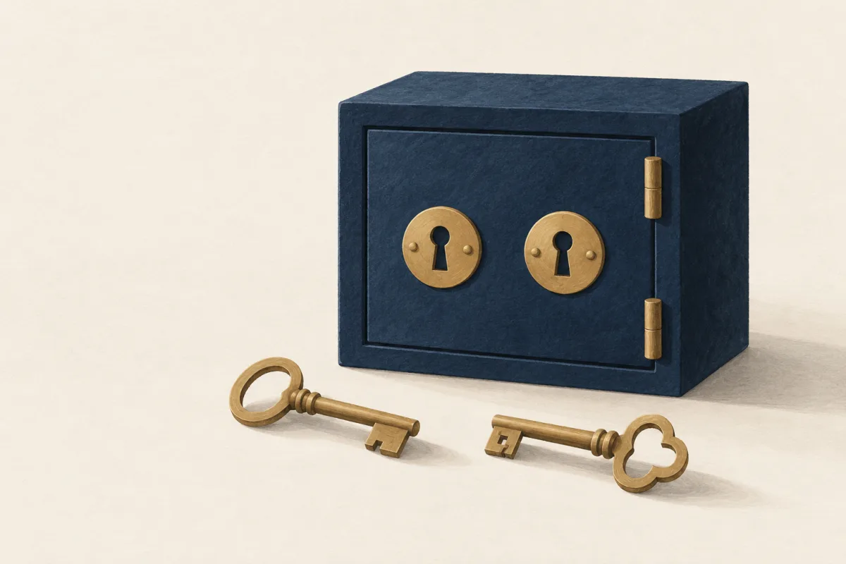 Illustration: a navy strongbox door with two brass keyholes and two different keys in front of it